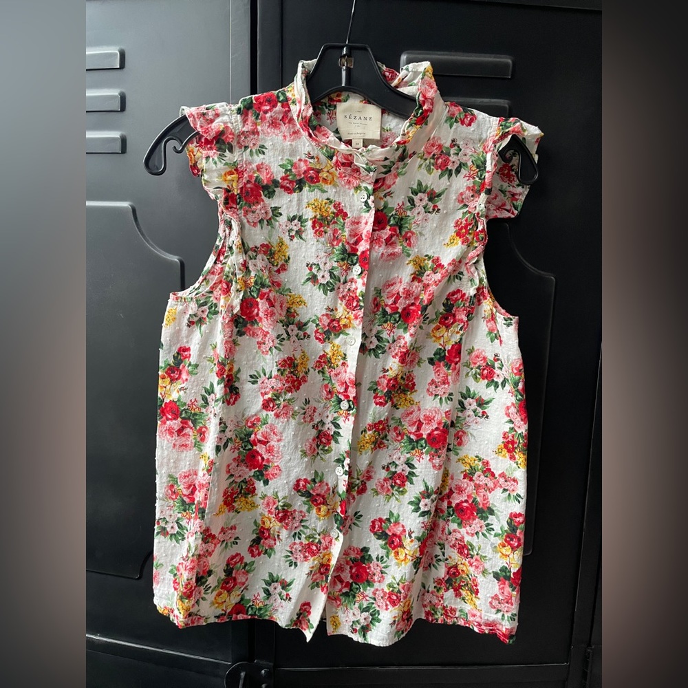 Sezane Floral Cotton Sleeveless Button Blouse, French Sz 38 (6, S/M)